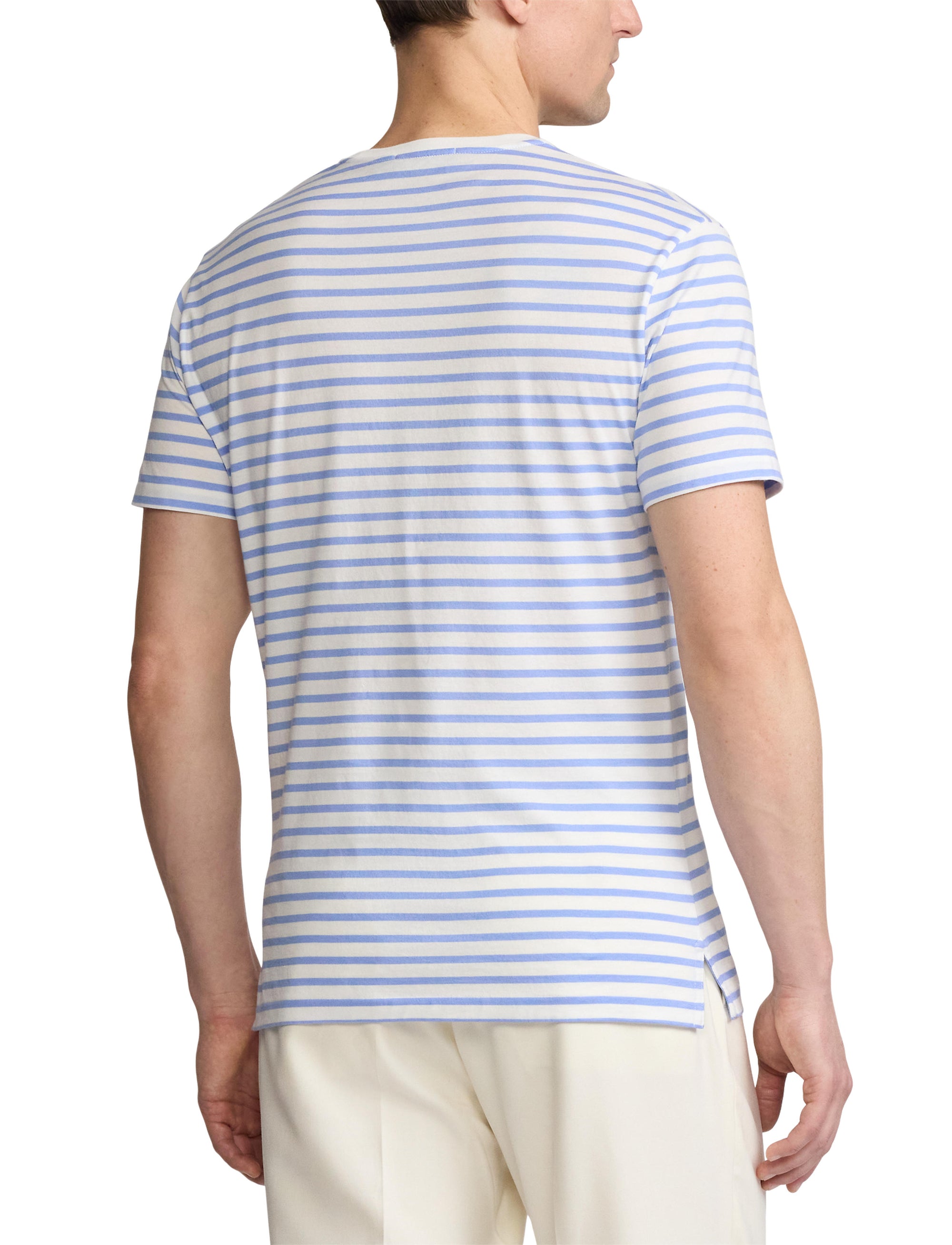 T-shirt rayé à col rond en fil d'Écosse - Deckwash White & Cornflower Blue