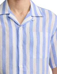 Chemise safari rayée en lin - Cornflower Blue & White