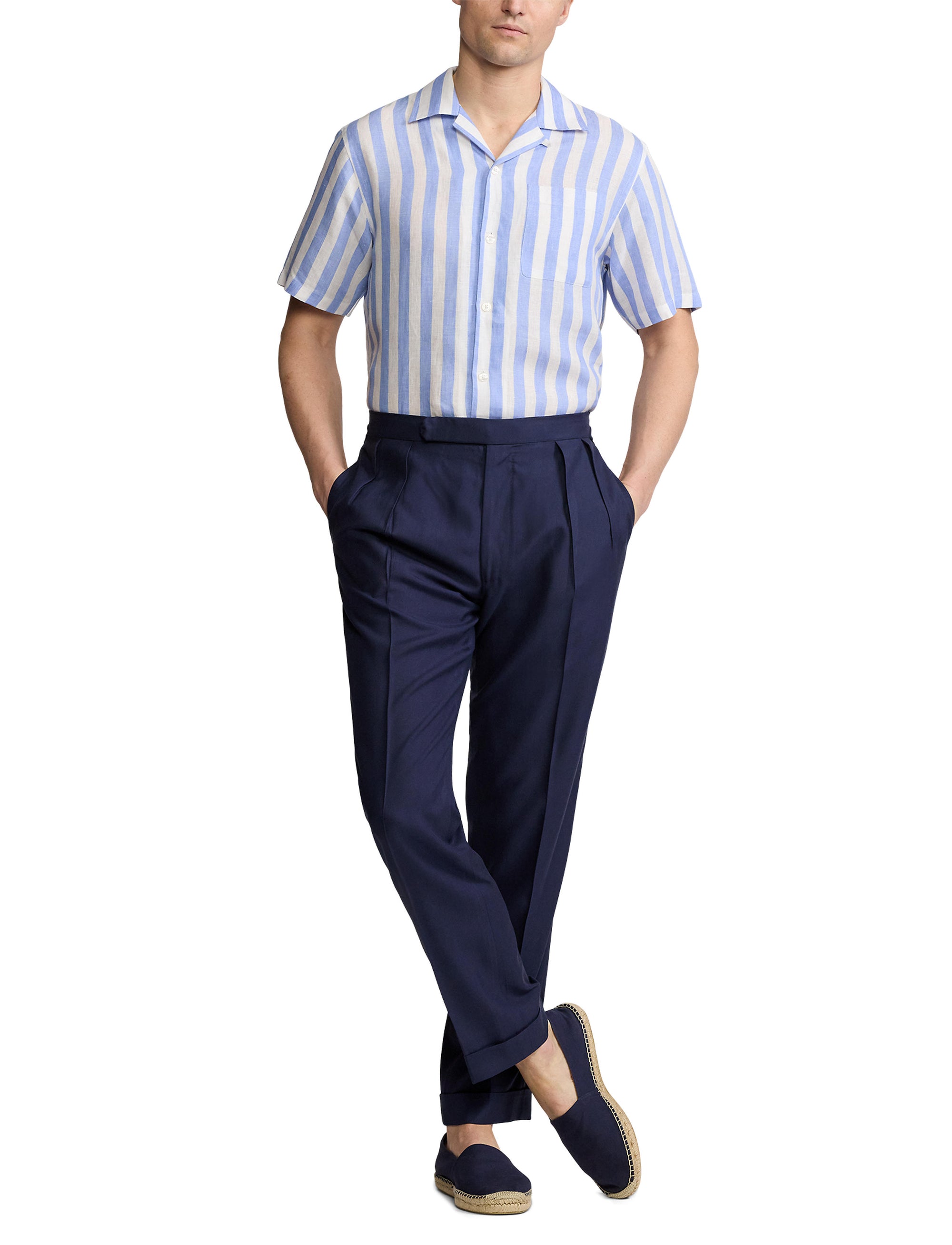 Chemise safari rayée en lin - Cornflower Blue & White