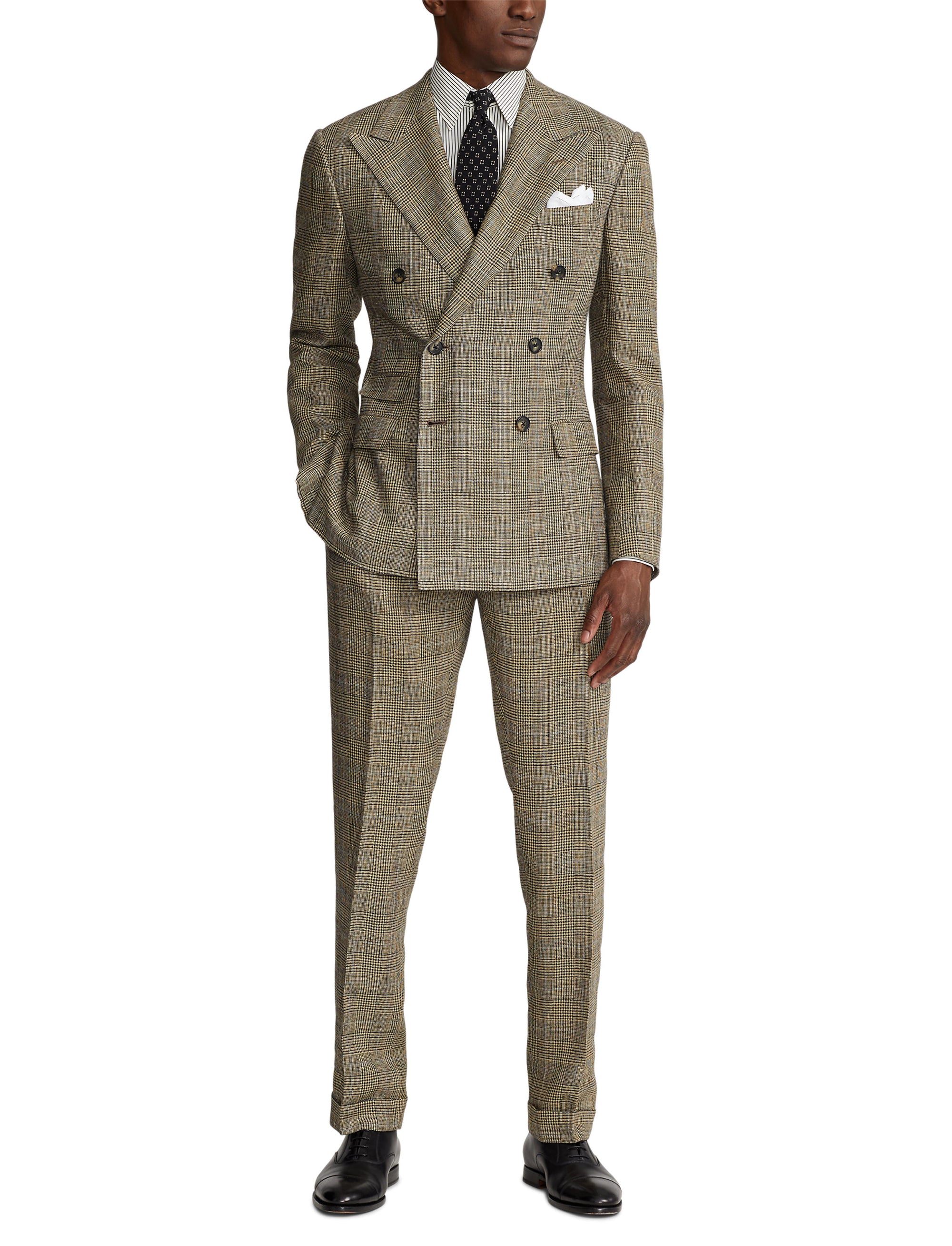 Ralph tartan suit in silk and linen blend - Vintage Cream & Black With Blue Deco