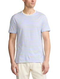 T-shirt rayé à col rond en fil d'Écosse - Deckwash White & Cornflower Blue