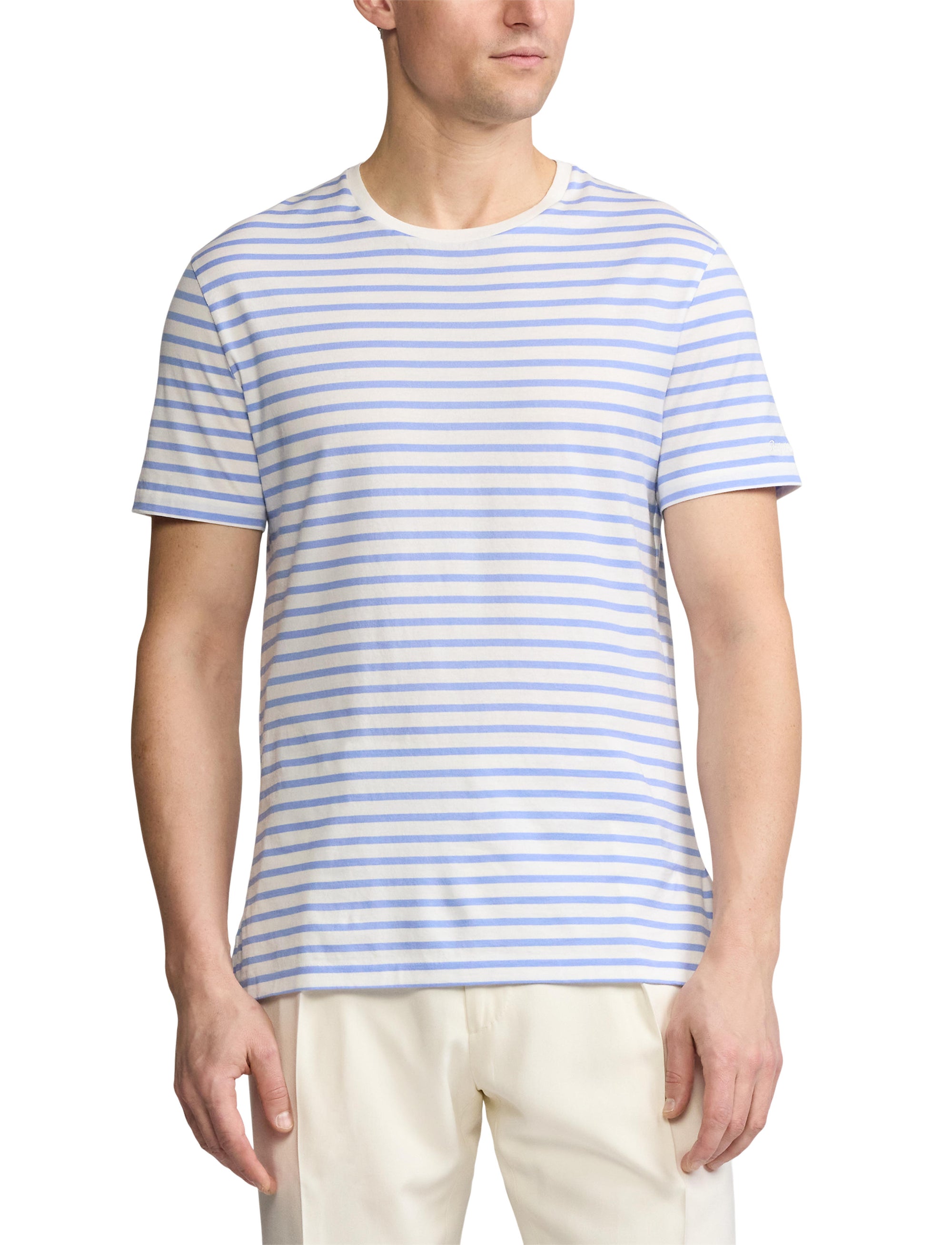 T-shirt rayé à col rond en fil d'Écosse - Deckwash White & Cornflower Blue