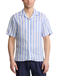 Chemise safari rayée en lin - Cornflower Blue & White