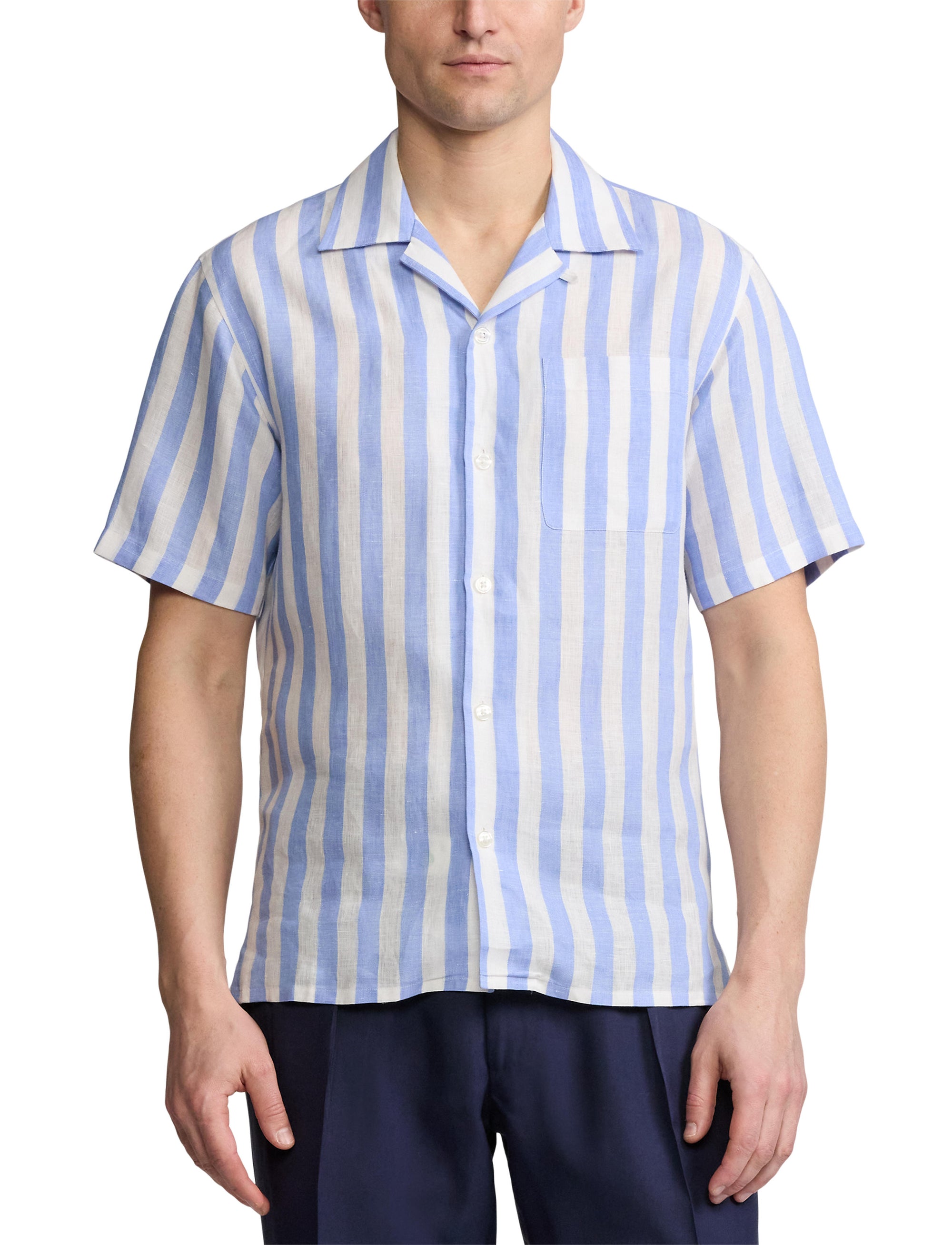 Chemise safari rayée en lin - Cornflower Blue & White