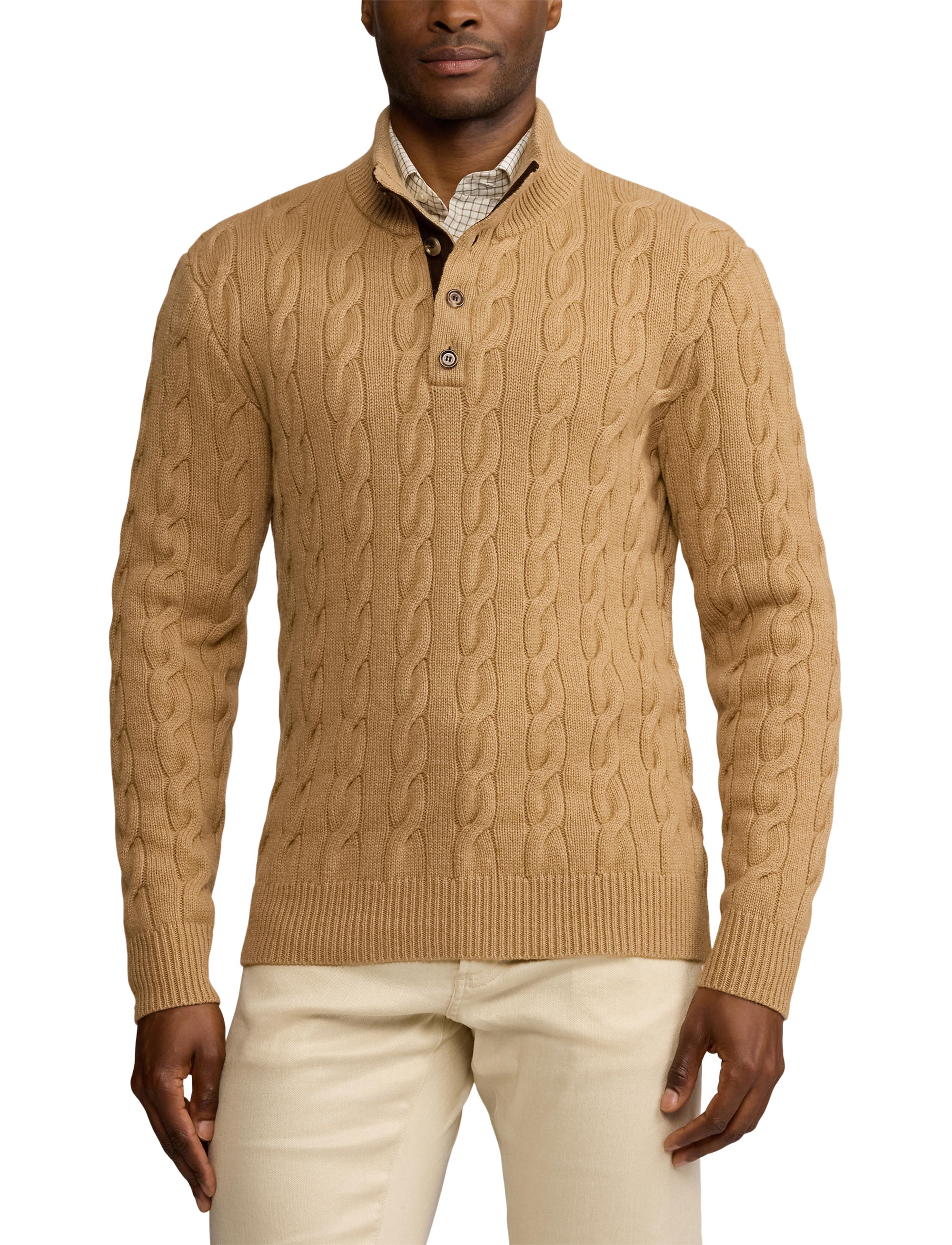 Pull torsadé à col cheminée en cachemire - Camel Melange