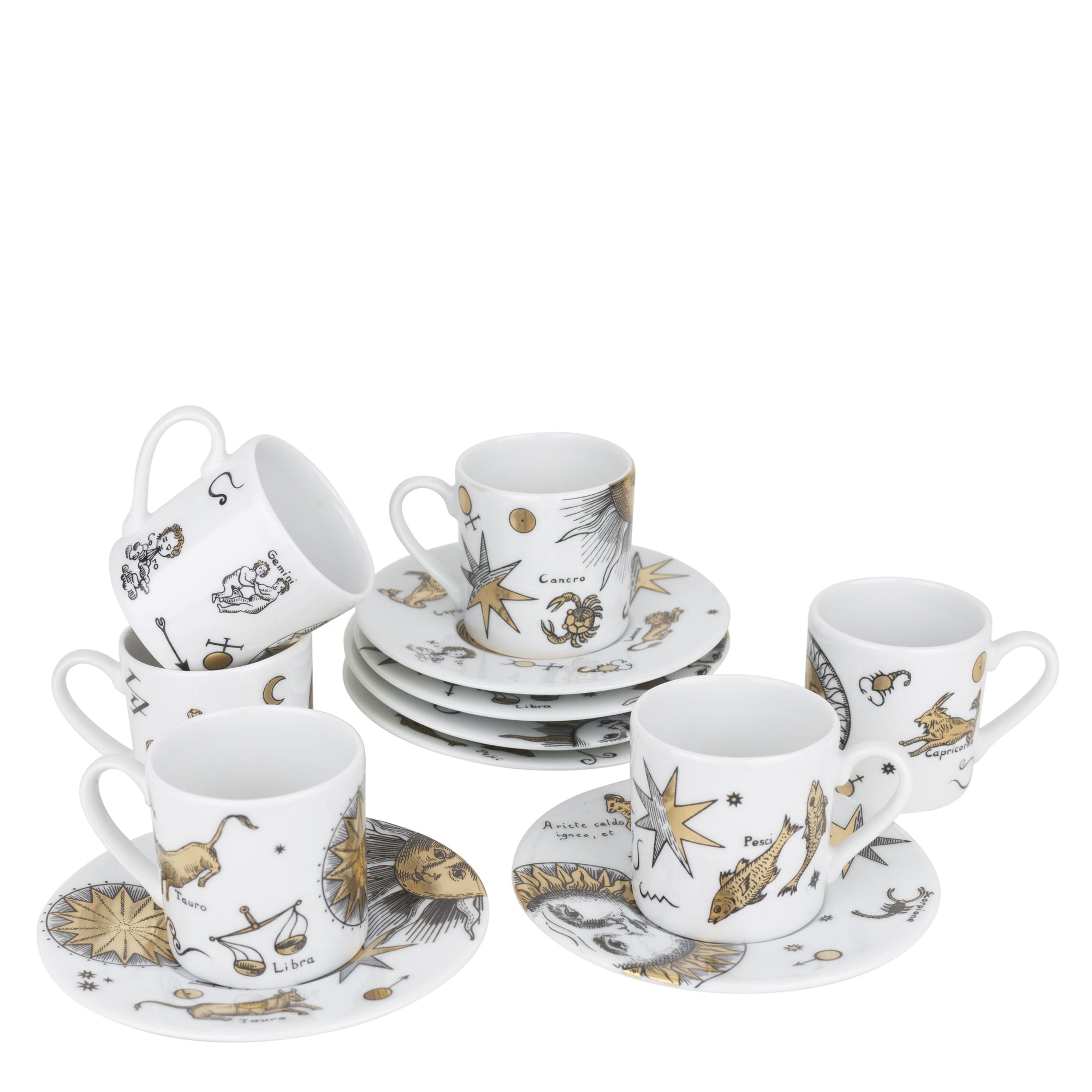 Set of 6 Astronomici porcelain coffee cups - Gold & Black & White