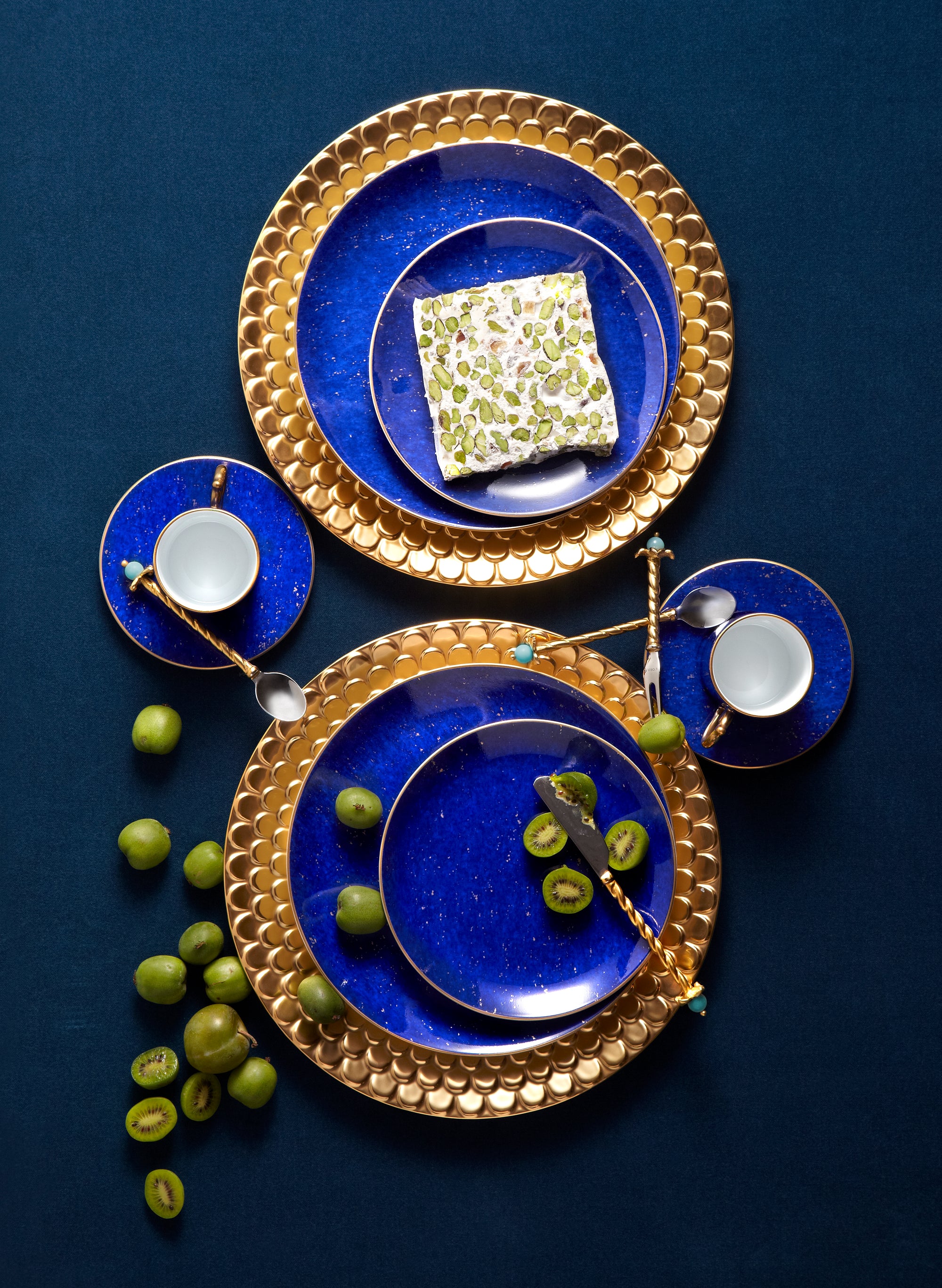 Coffret de 4 assiettes à dessert Lapis en porcelaine & or 24K - Bleu
