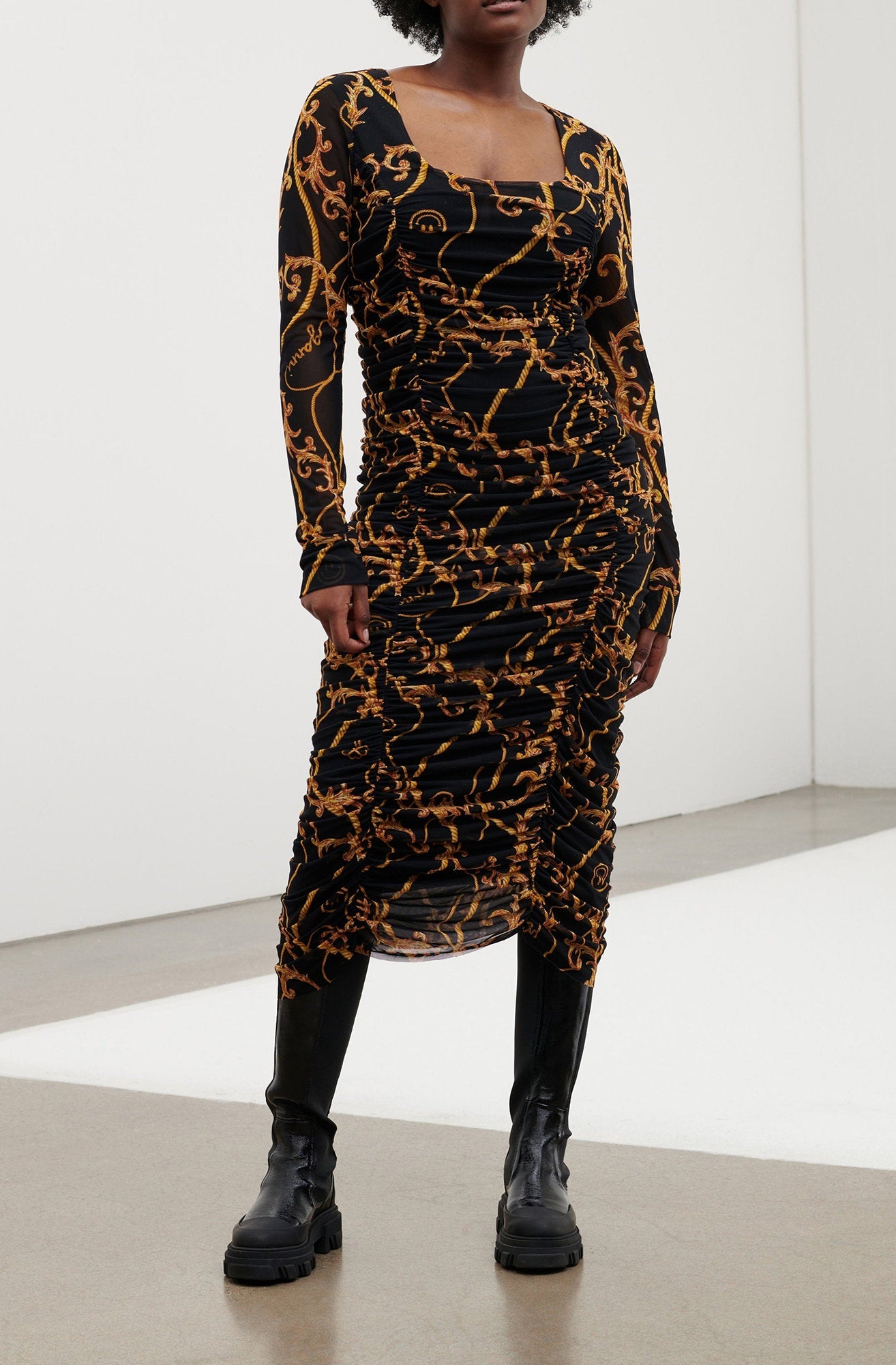 Robe midi froncée en maille - Black