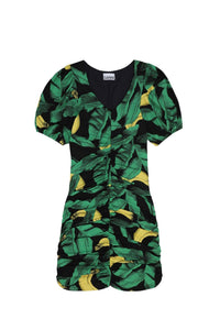 Robe courte drapée à manches bouffantes et imprimé - Black