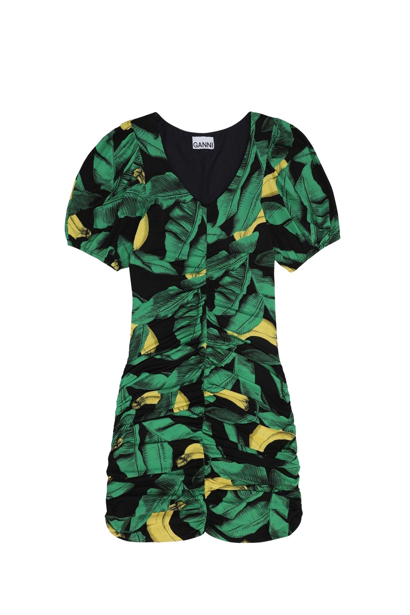 Robe courte drapée à manches bouffantes et imprimé - Black