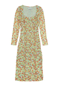Robe midi imprimée froncée en maille - Meadow Celadon Green