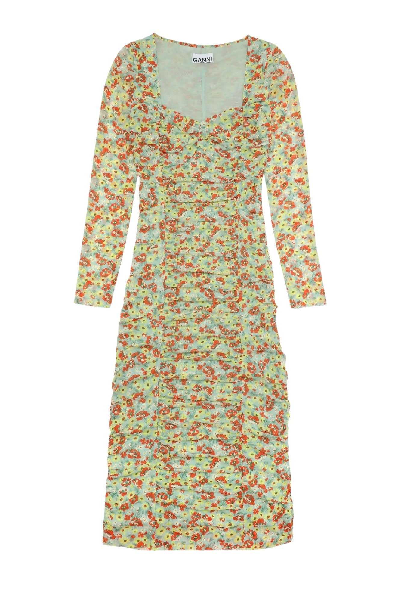 Robe midi imprimée froncée en maille - Meadow Celadon Green