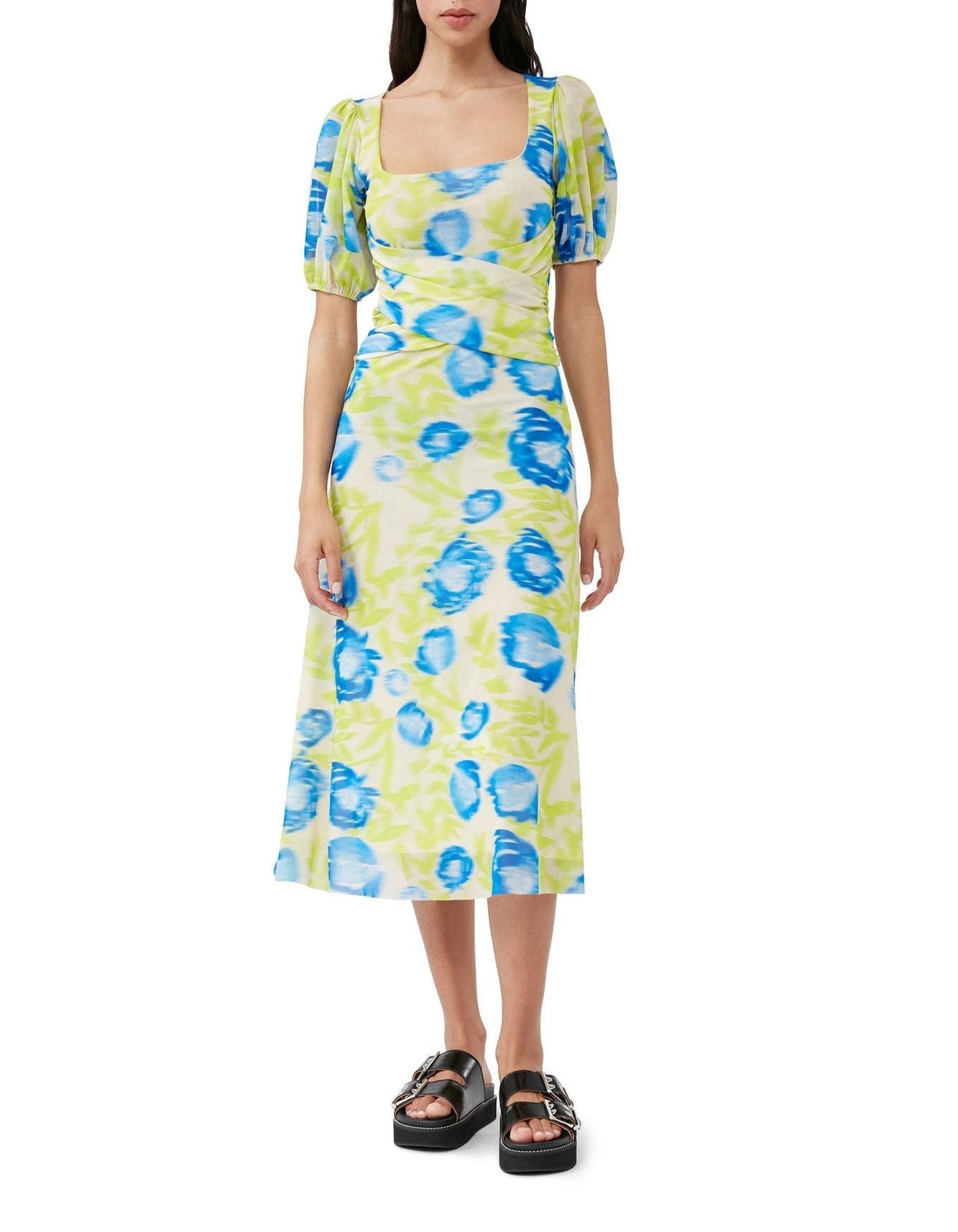Robe midi à manches bouffantes en maille imprimé - Strong Blue