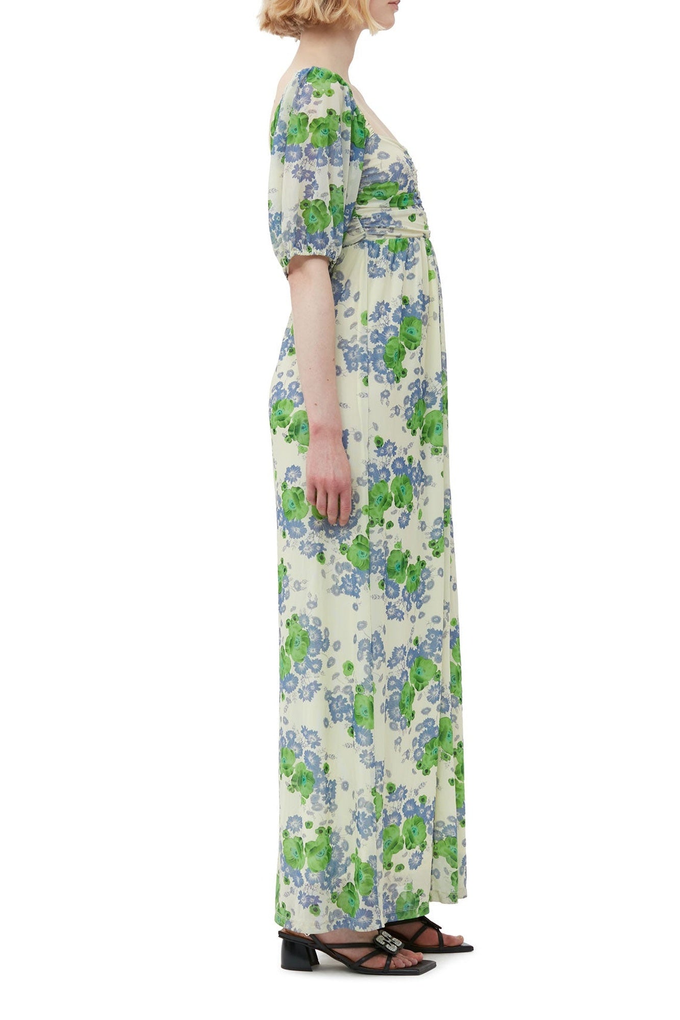 Robe longue à manches bouffantes en maille imprimé - Egret