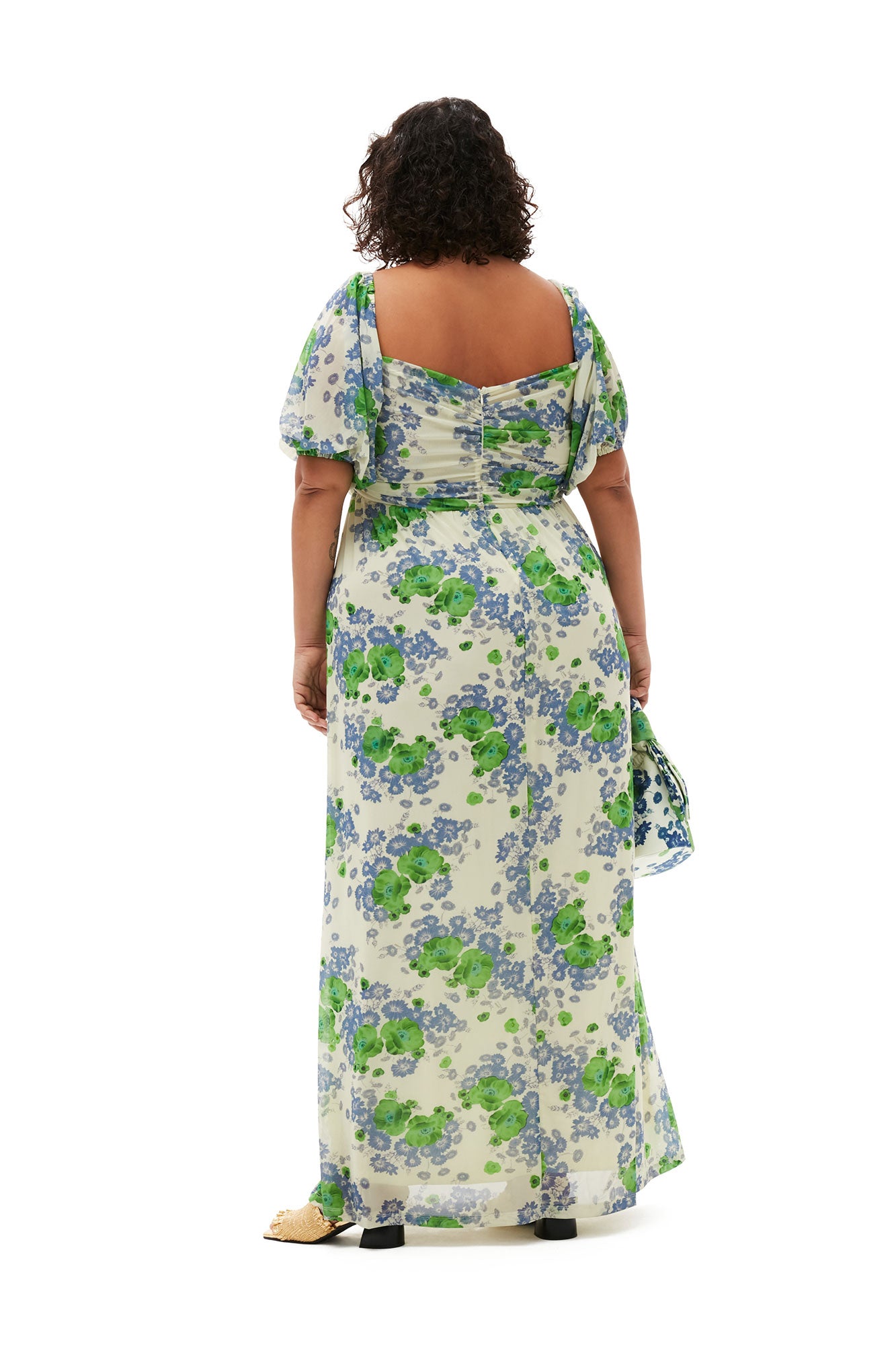 Robe longue à manches bouffantes en maille imprimé - Egret