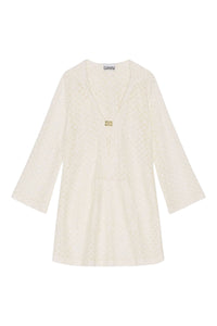 Robe courte à capuche et maille en dentelle - Egret