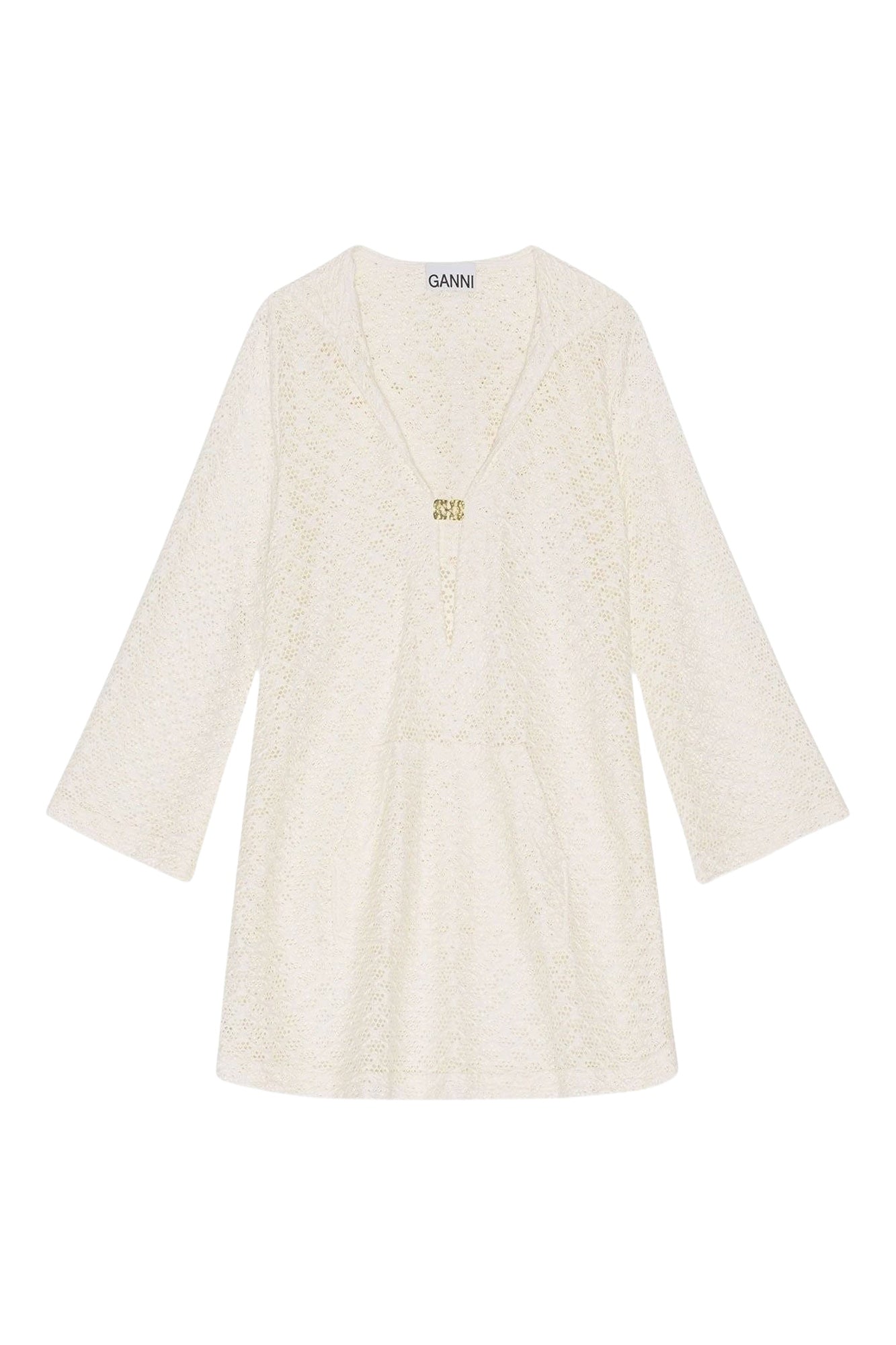 Robe courte à capuche et maille en dentelle - Egret