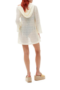 Hooded short dress with lace knit - Egret