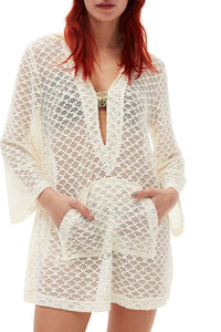 Hooded short dress with lace knit - Egret