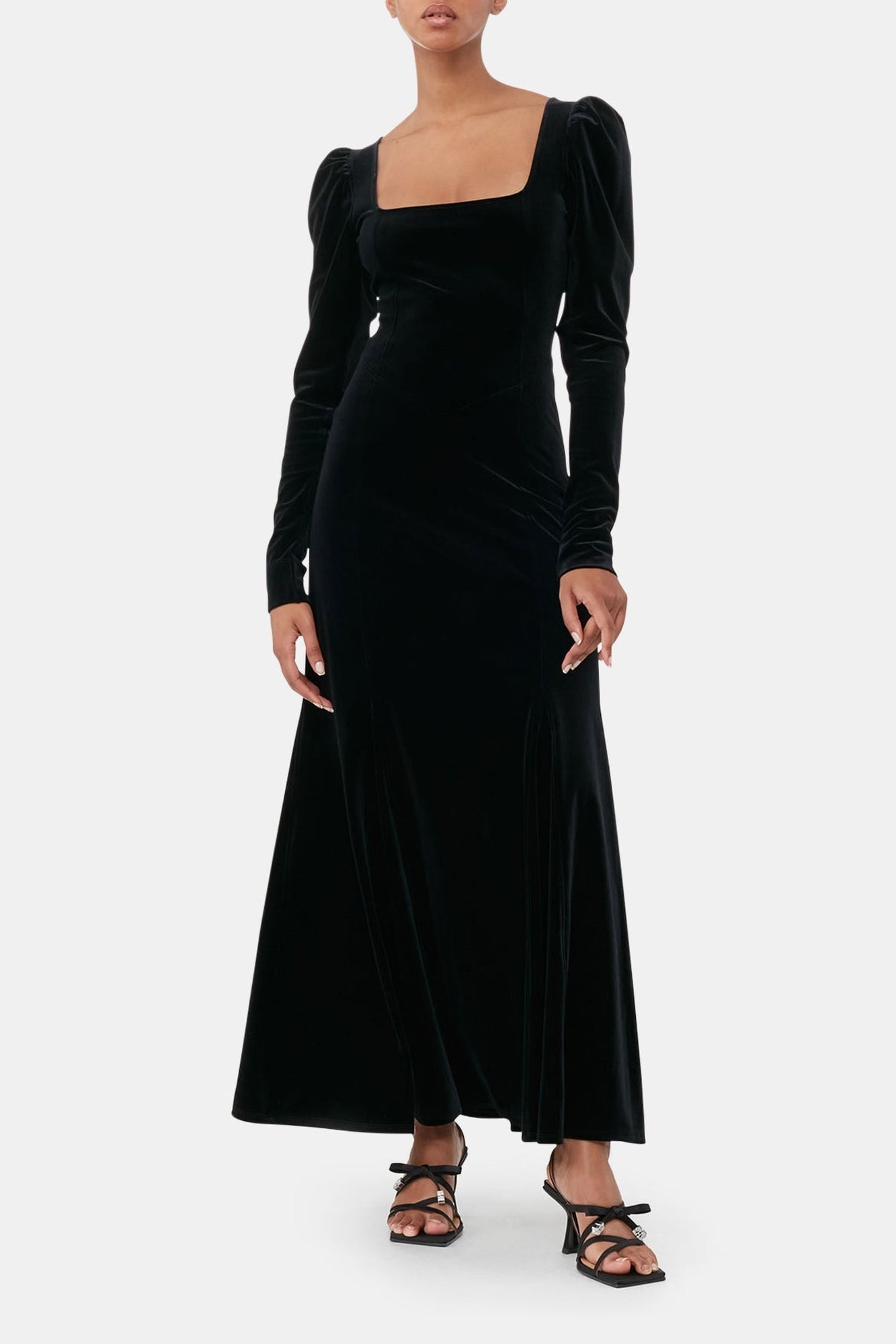 Robe longue à manches bouffantes en velours - Black