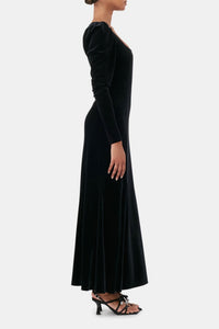 Robe longue à manches bouffantes en velours - Black