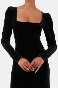 Robe longue à manches bouffantes en velours - Black