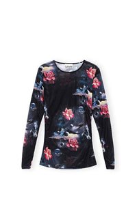 Blouse froncée à manches longues en mesh imprimé - Black