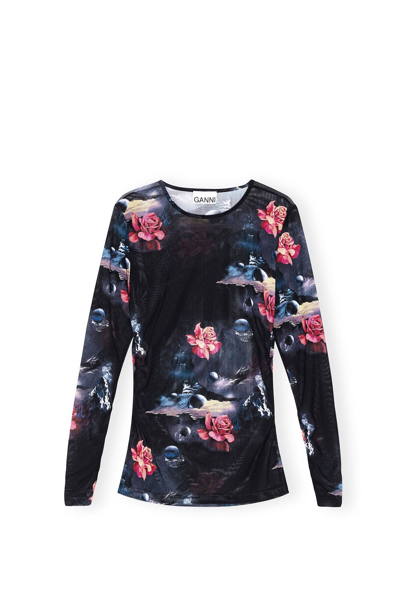 Blouse froncée à manches longues en mesh imprimé - Black