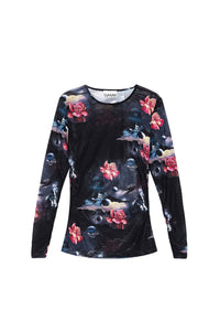 Gathered long-sleeved blouse in printed mesh - Black