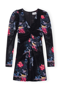 Robe courte froncée en mesh imprimé - Black