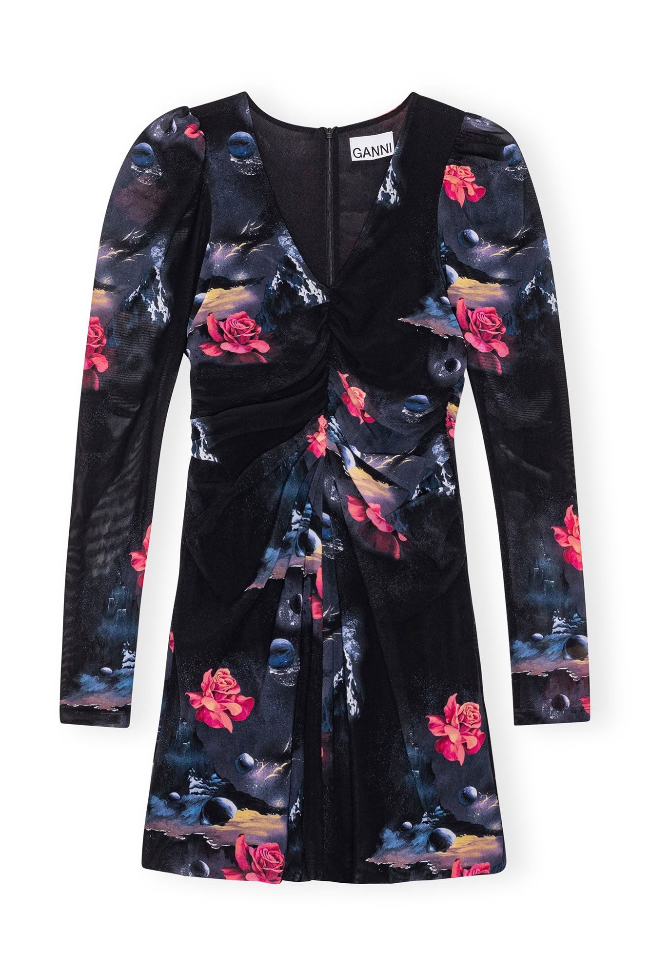 Robe courte froncée en mesh imprimé - Black