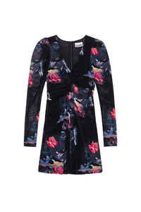 Gathered short dress in printed mesh - Black