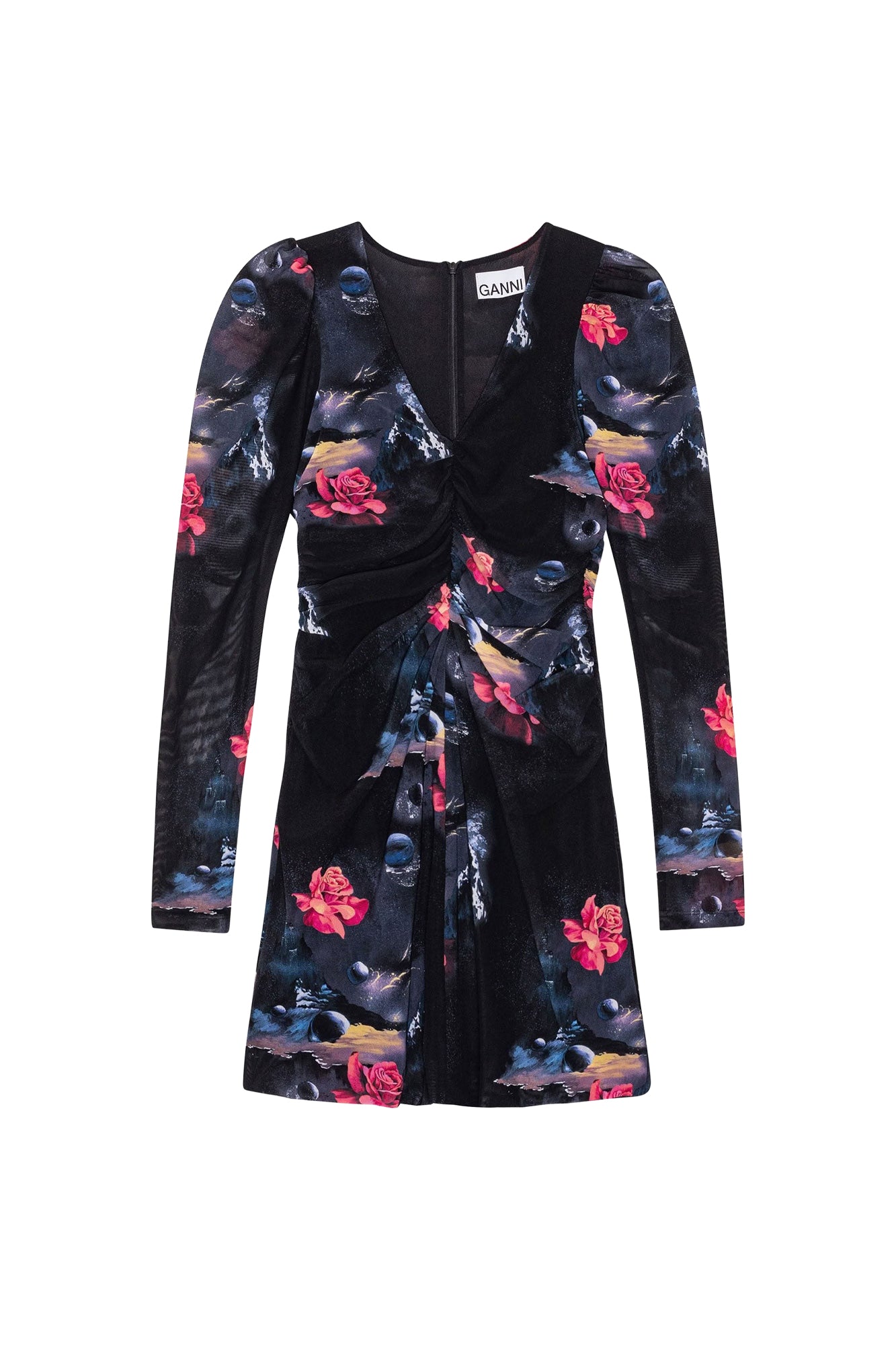 Gathered short dress in printed mesh - Black