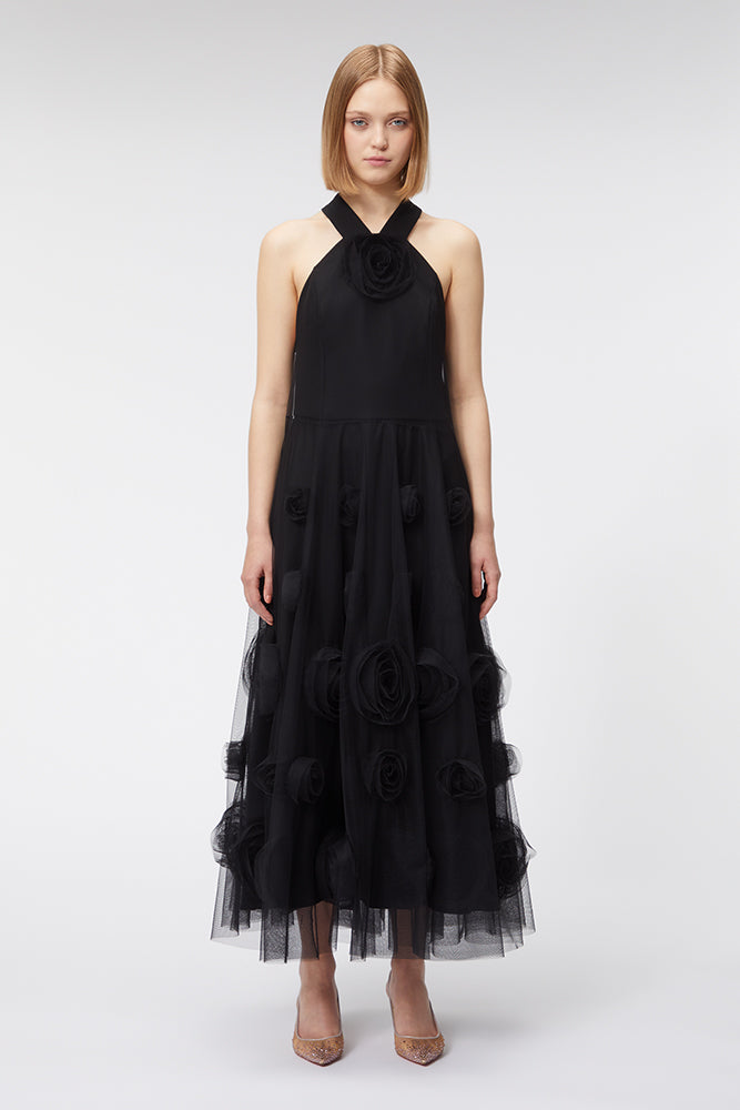 Black / ROSE APPLIQUE MAXI DRESS