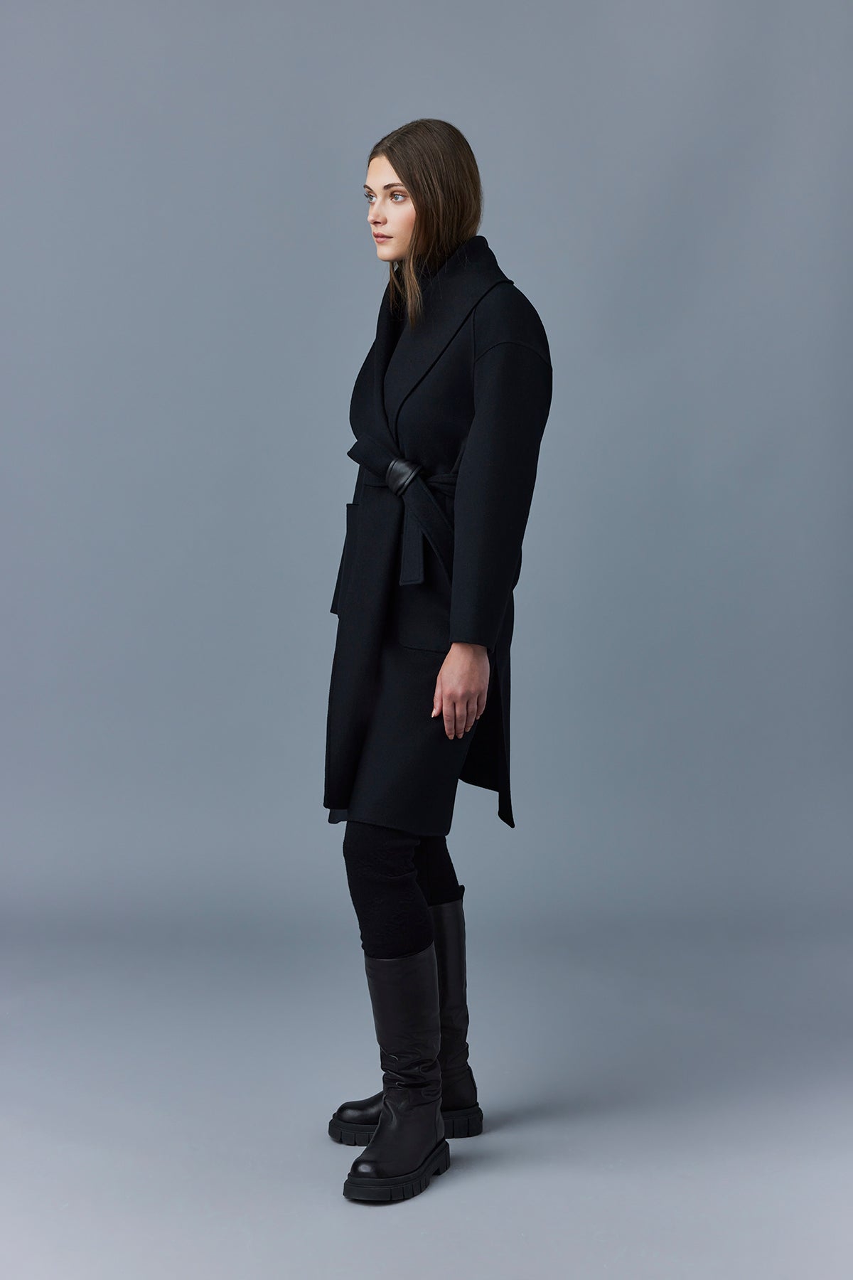 Thalia mid-length coat with wool belt - Black
