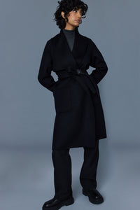Black Ladies Belted Light Wool Coat