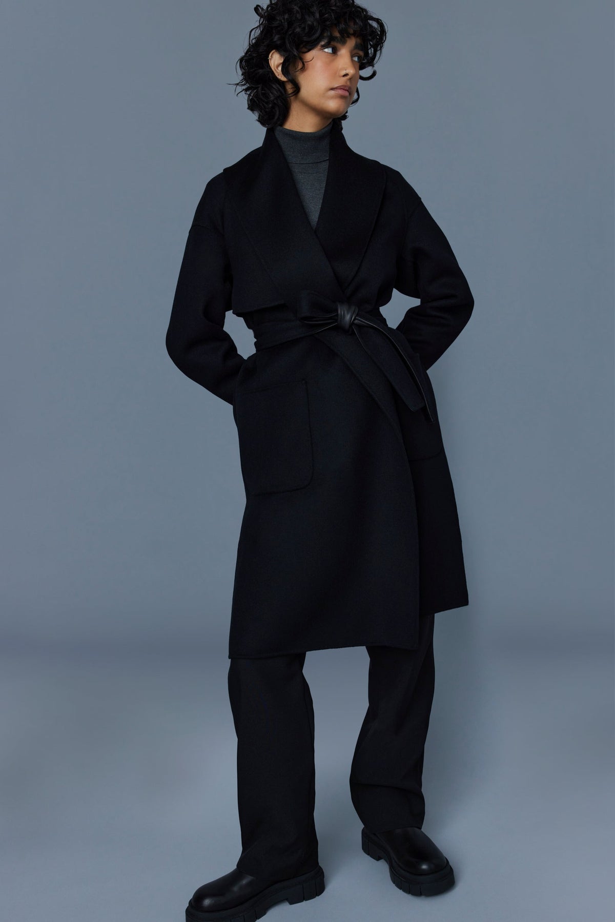 Black Ladies Belted Light Wool Coat