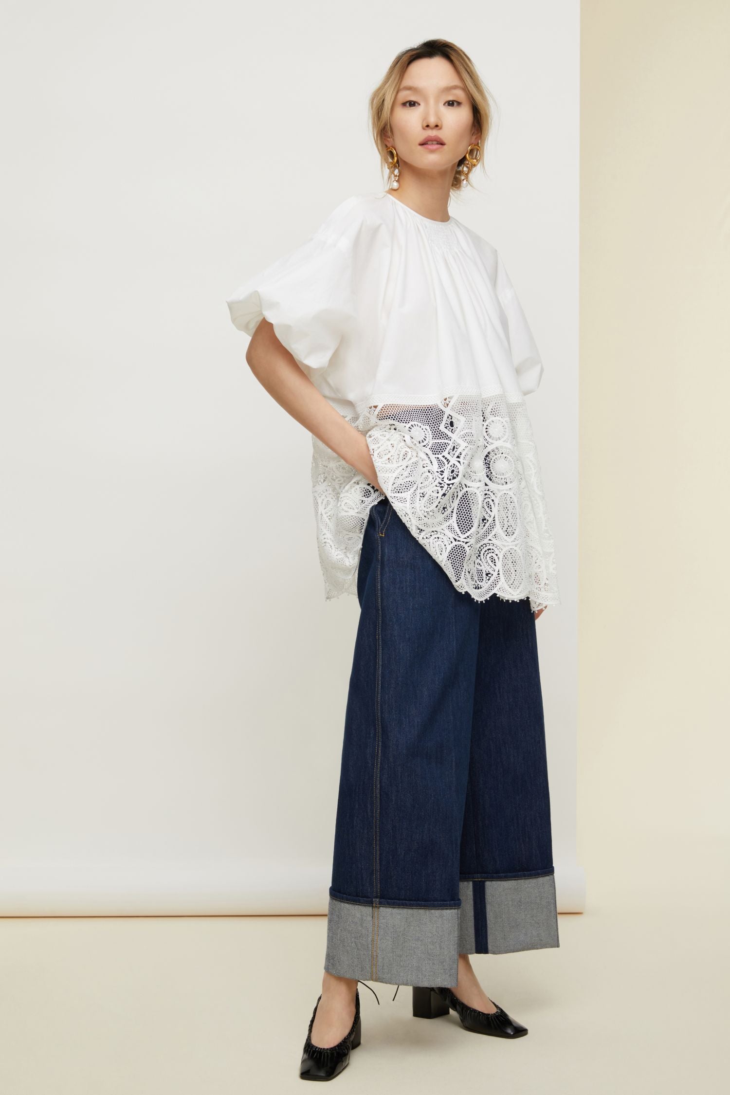 Top Communion en coton et guipure - Blanc