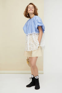 Communion top in cotton and guipure - Blue