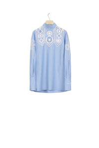 Cotton top with inlaid guipure - Blue