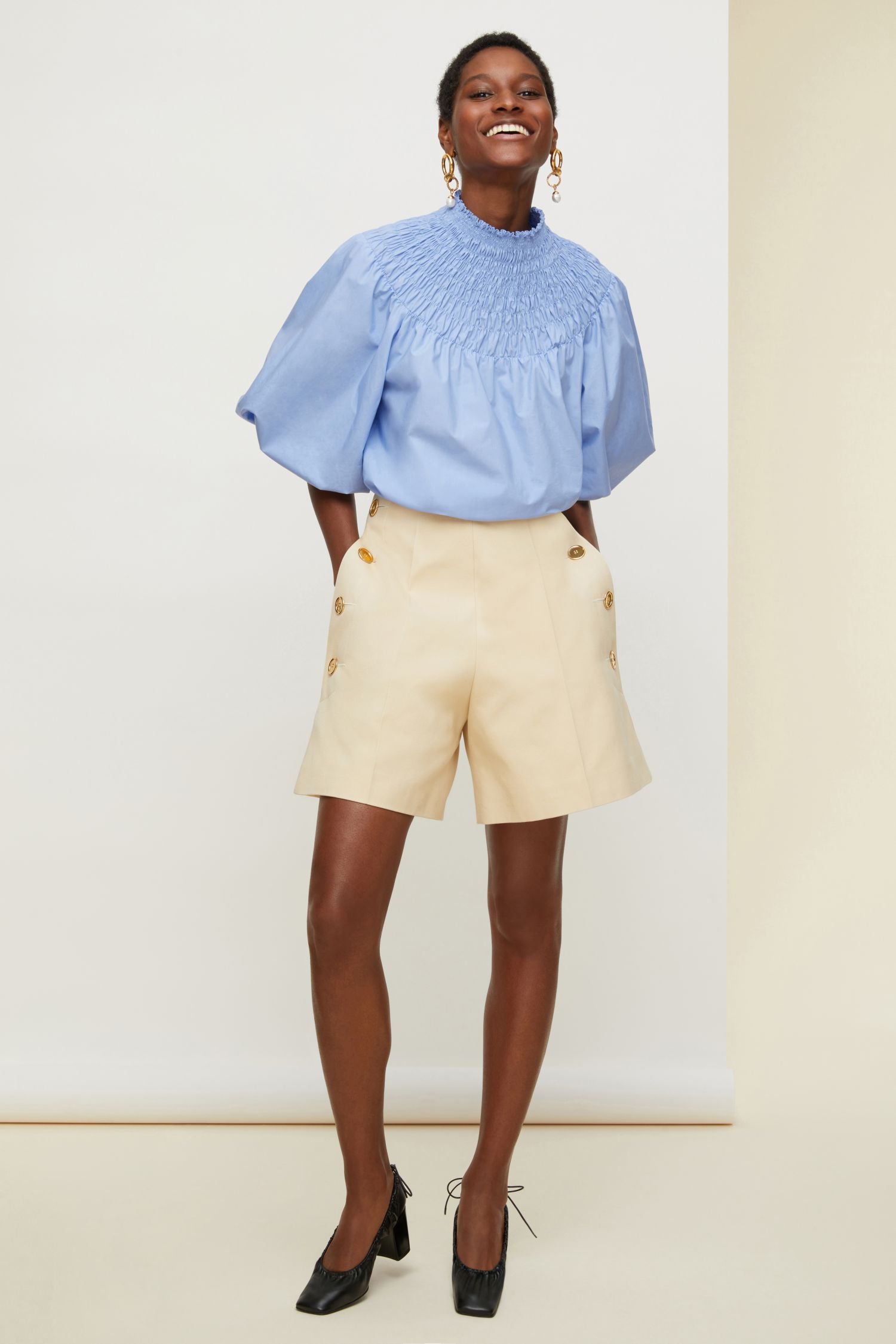 Poplin smocked crop top - Blue