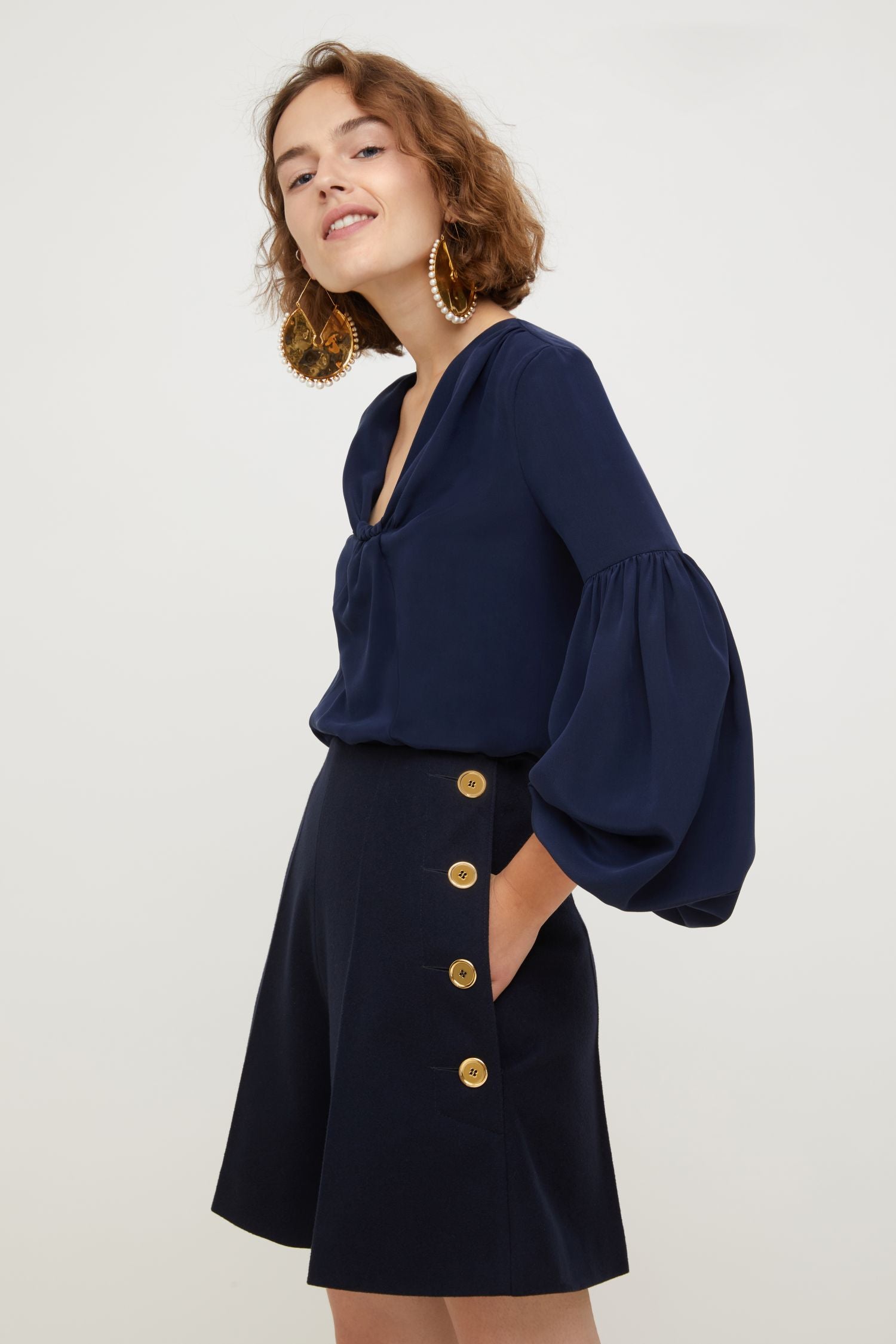Blouse en soie à manches bouffantes - Bleu Marine