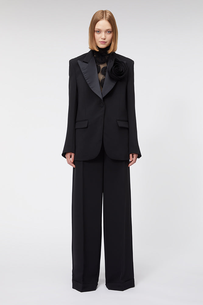 Black / ROSE APPLIQUE TUXEDO BLAZER