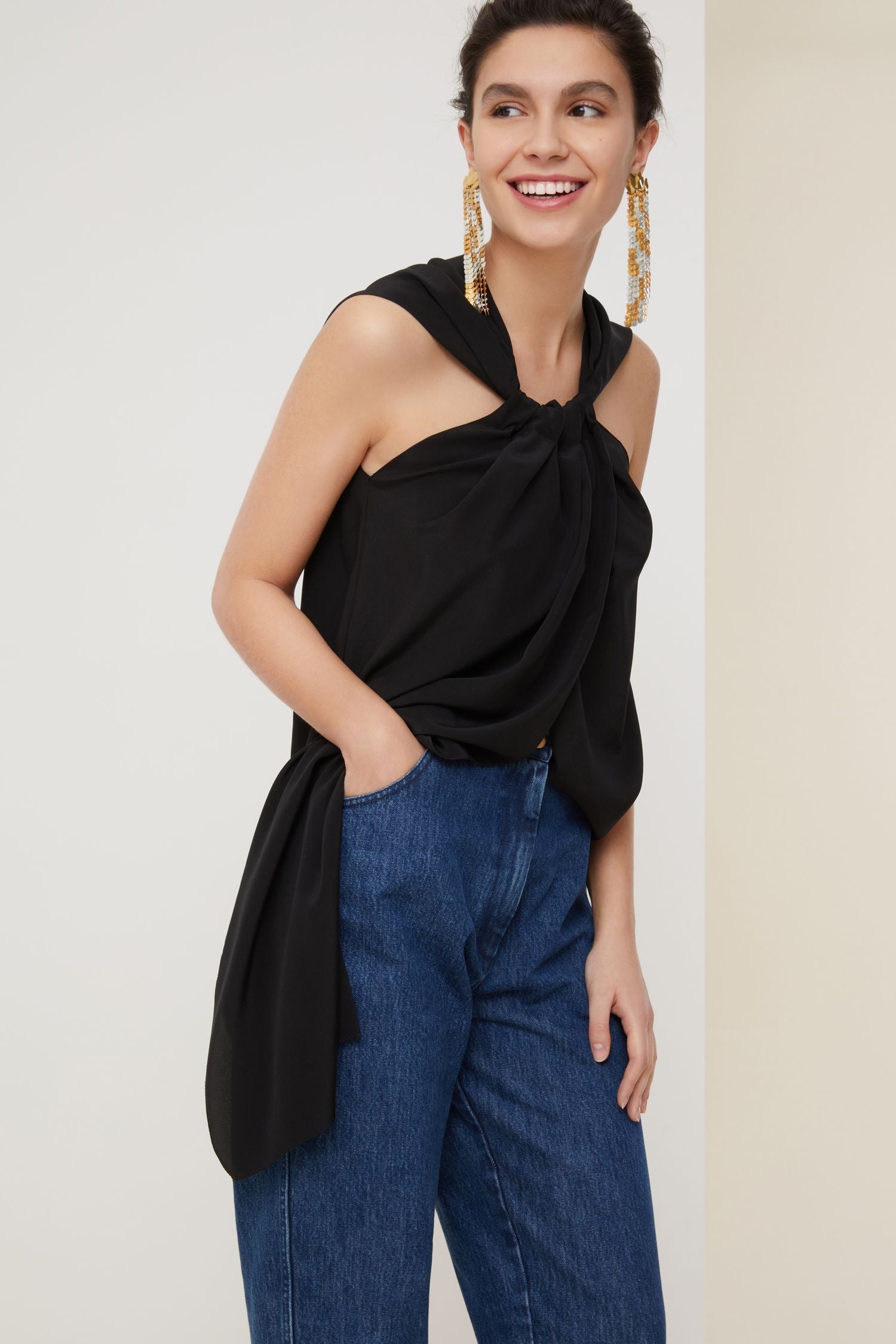 Top asymétrique en soie - Noir