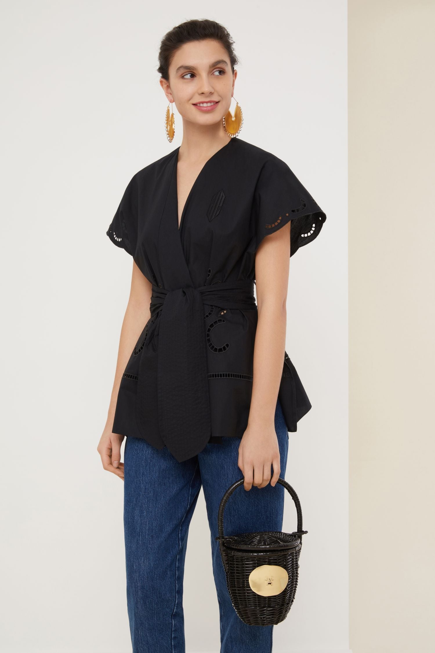 Blouse en coton à broderie ajourée - Noir