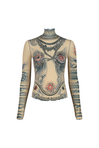Top Tattoo à col roulé imprimé - Nude & Blue & Red