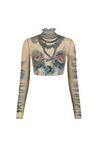 Tattoo print crop top - Nude & Blue & Red