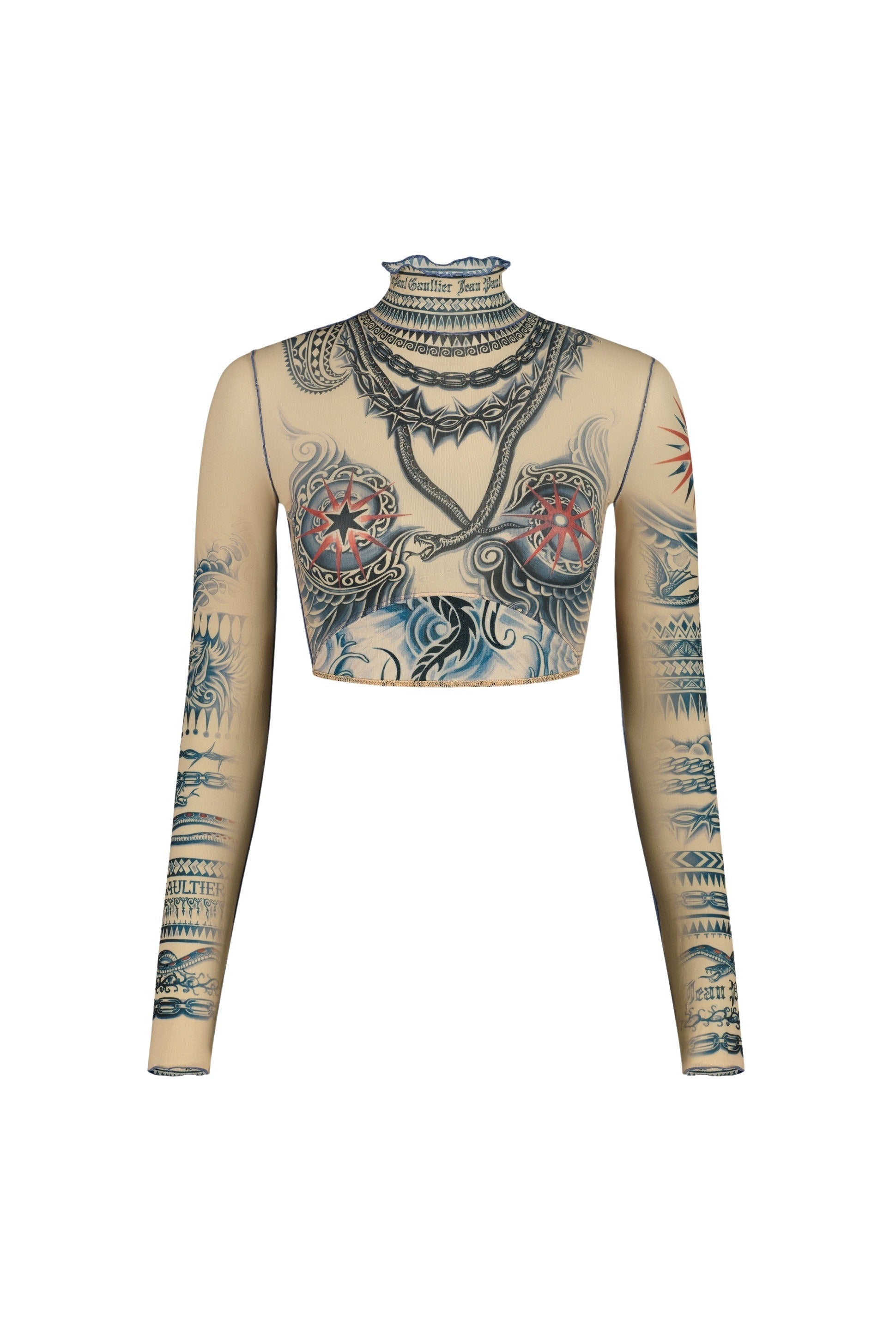 Tattoo print crop top - Nude & Blue & Red