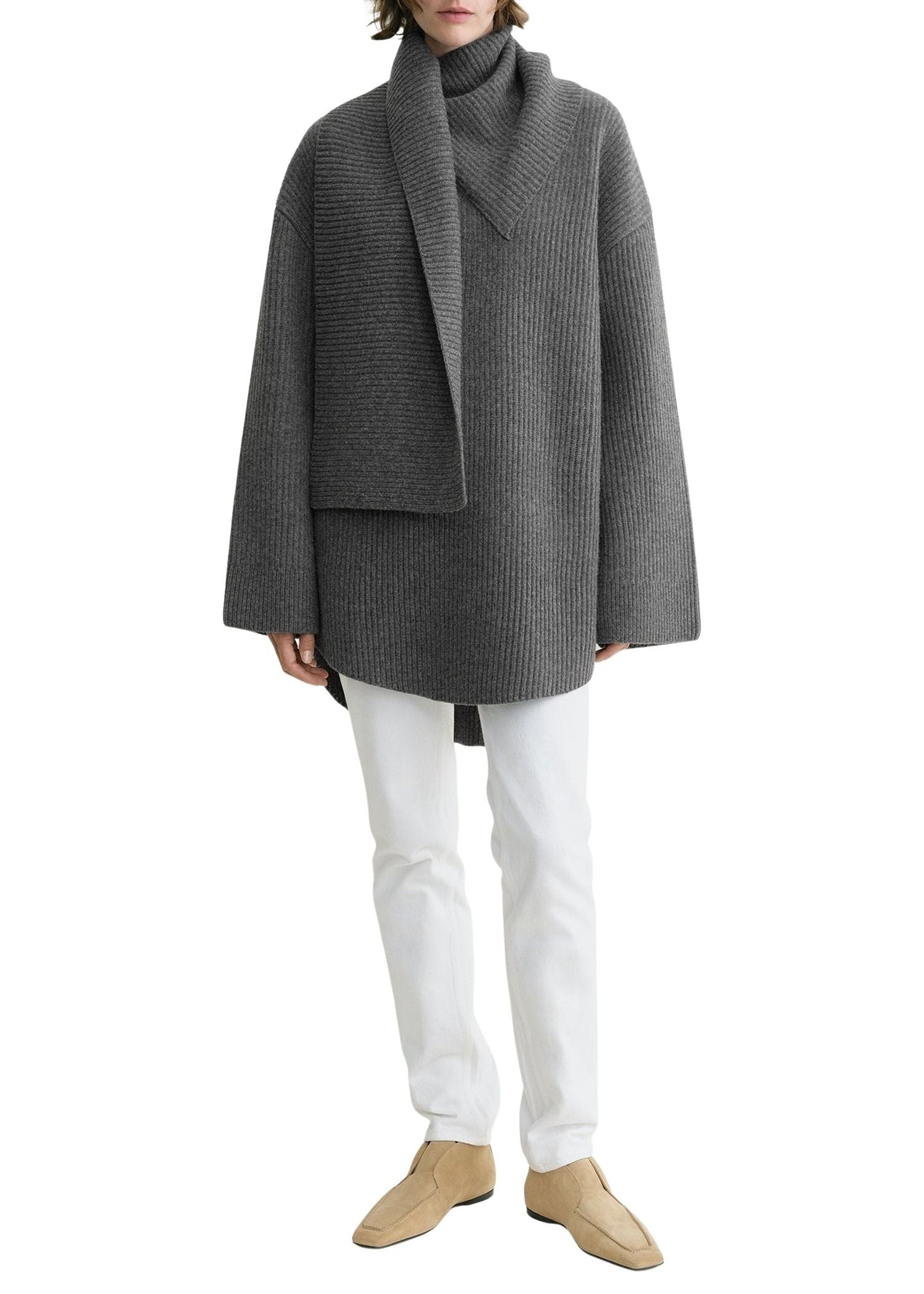 Pull à écharpe en laine - Dark Grey melange