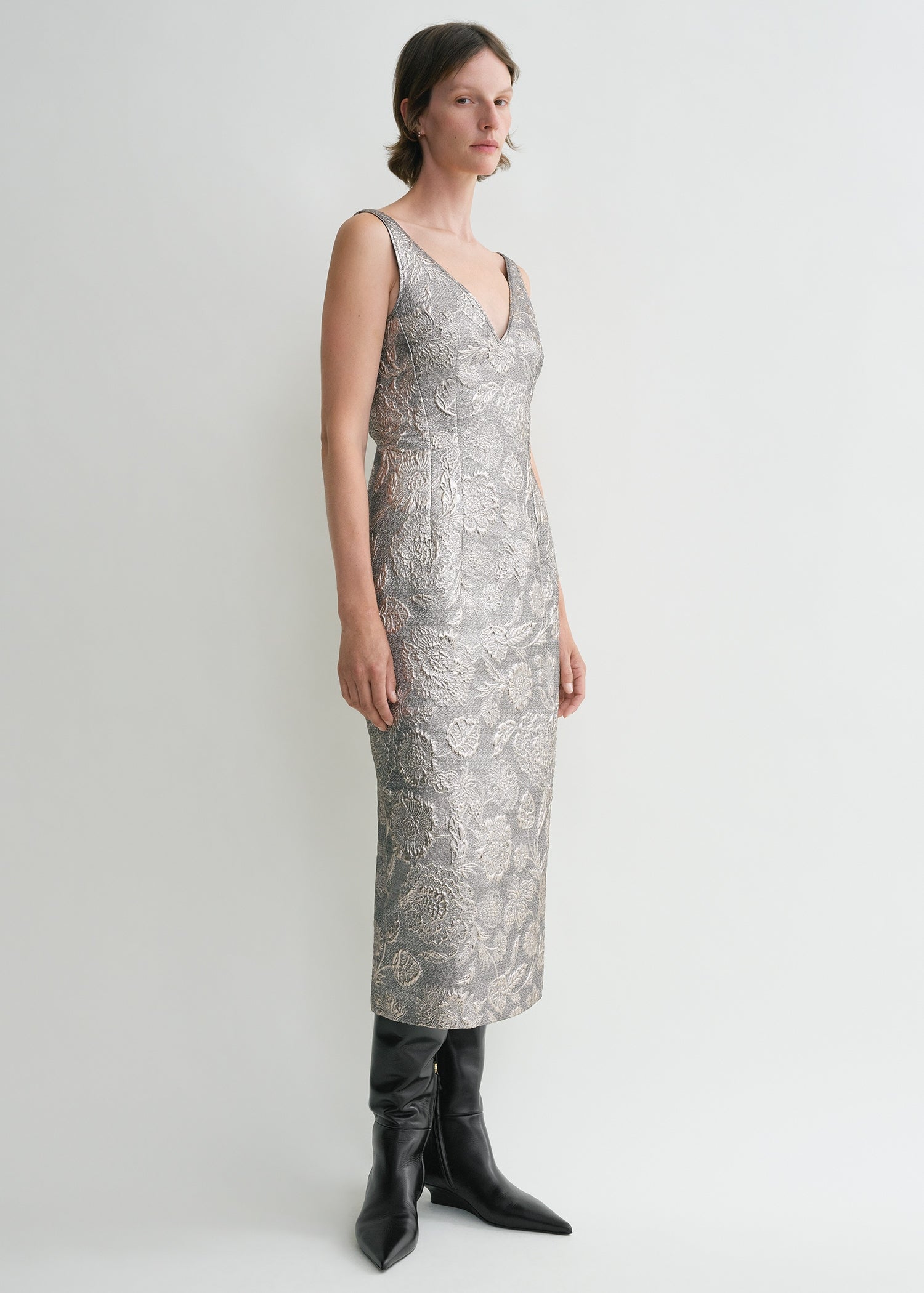 V-NECK BROCADE DRESS